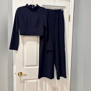 Mulla Navy Two-Piece Set – Long Sleeve Top & Wide Leg Pants – Size M